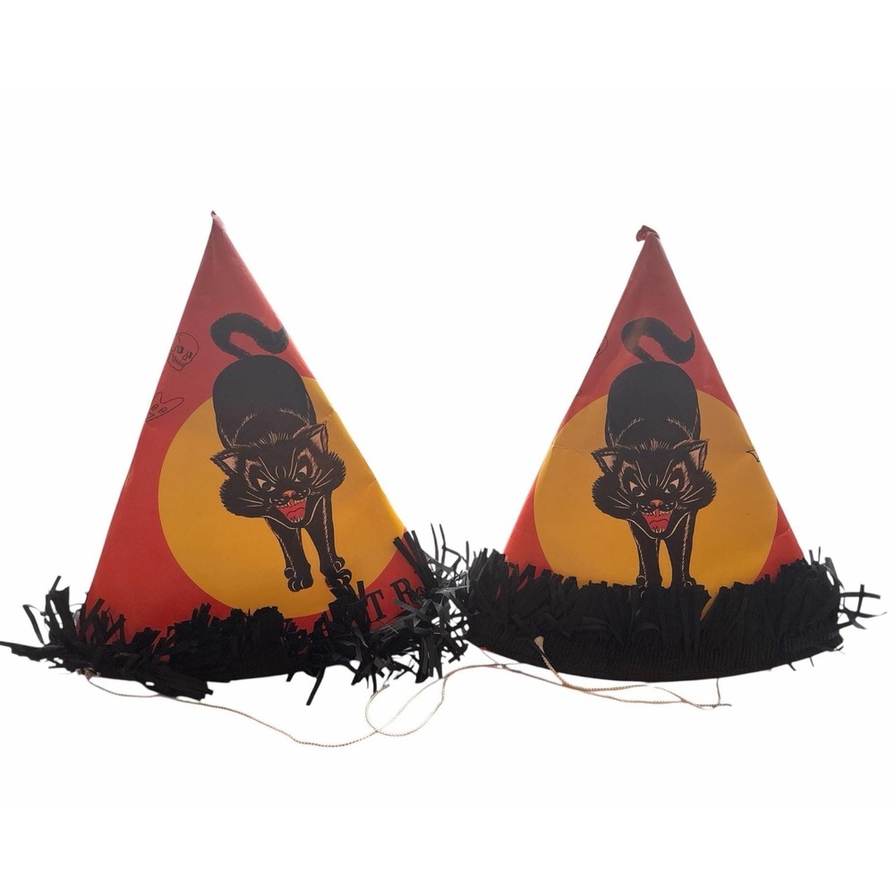 Vintage Halloween Black Cat Owl Skull Ghost Bat Paper Cardboard Party Hats